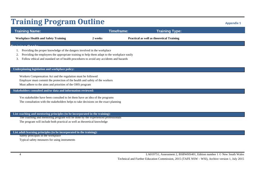 Workplace Health and Safety Training Program Outline - Desklib